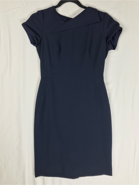 Tahari Dresses & Skirts - Tahari Navy Asymmetrical Neck Short-Sleeve Midi Dress